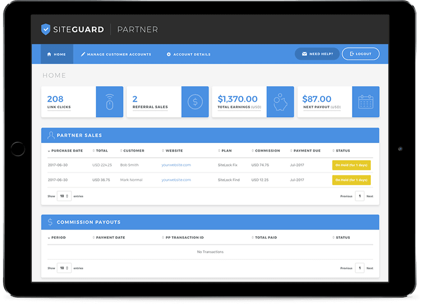 Partner dashboard on iPad